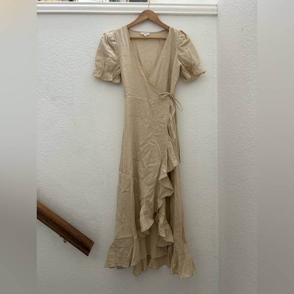 A Love A Wrap Dress Linen Puff Sleeve Hi-Low Hem Ruffle Trim Oat Beige Dress S - Picture 2 of 4